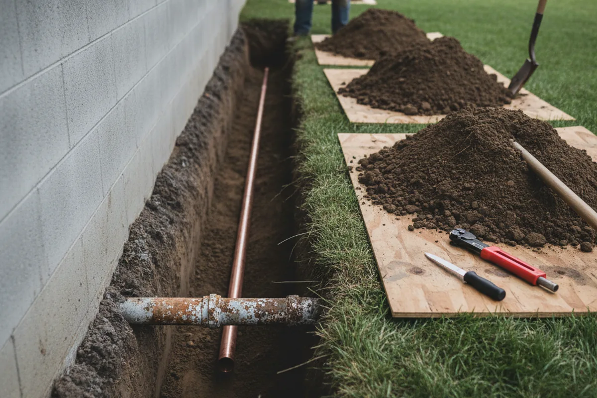 Excavated water line trench during Sewer Line Repair in Upper Black Eddy